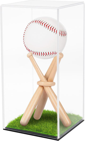 YHNTGB Baseball Display Case with Wood Baseball Stand Acrylic Box with Grass Pad Memorabilia Showcase Acrylic Baseball Holder for Autograph Ball Protector Display